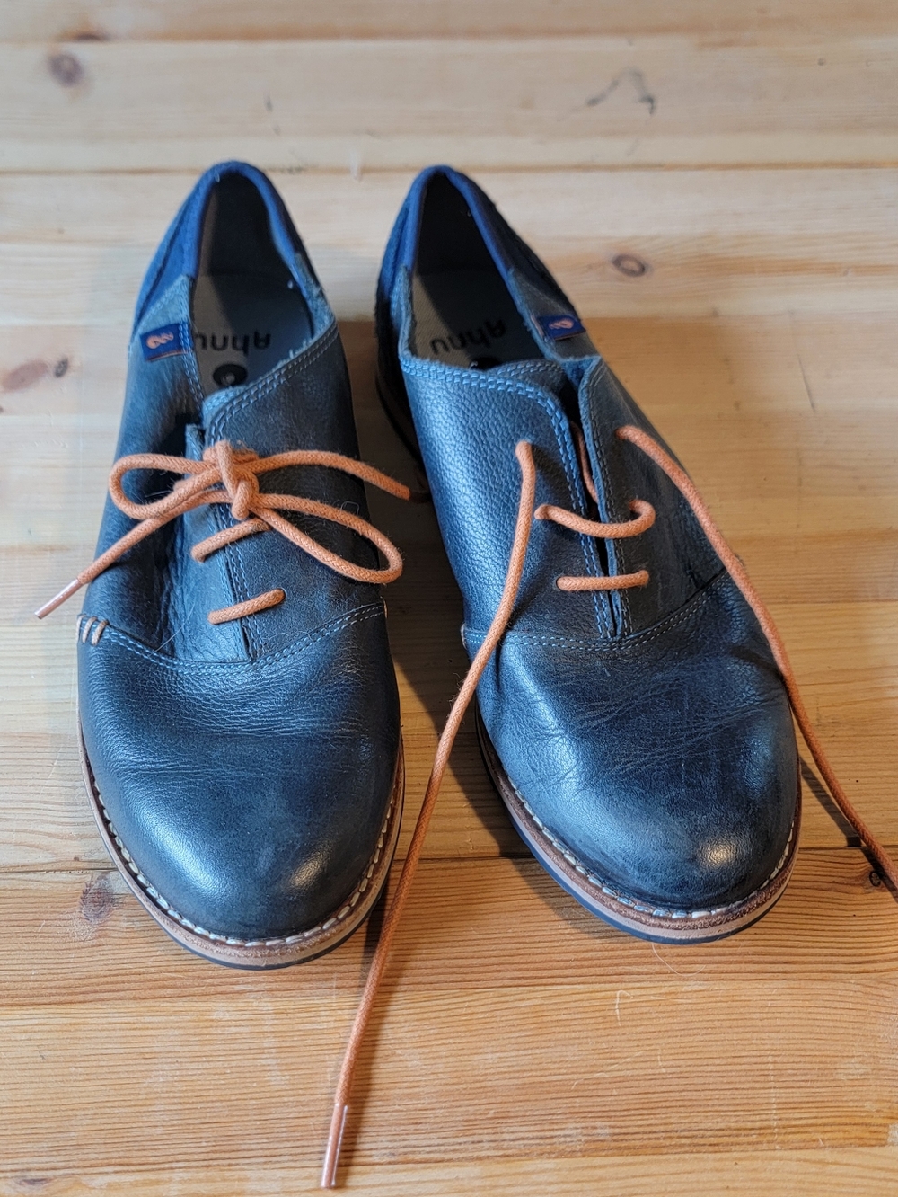 Ahnu Blue Leather Oxfords with Orange Laces